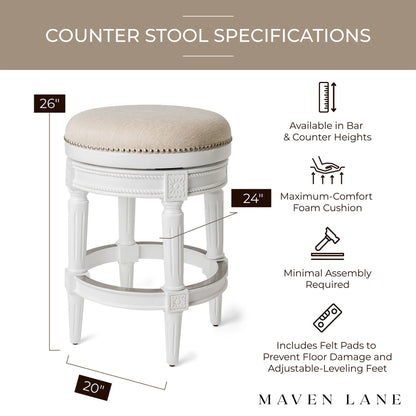 Maven Lane Pullman Backless Counter Stool in Alabaster White Finish with Cream Fabric Upholstery, Set of 2