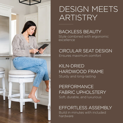 Maven Lane Pullman Backless Counter Stool in Alabaster White Finish w/ Cream Fabric Upholstery