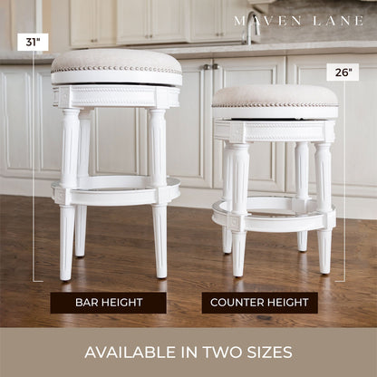 Maven Lane Pullman Backless Counter Stool in Alabaster White Finish with Cream Fabric Upholstery, Set of 4