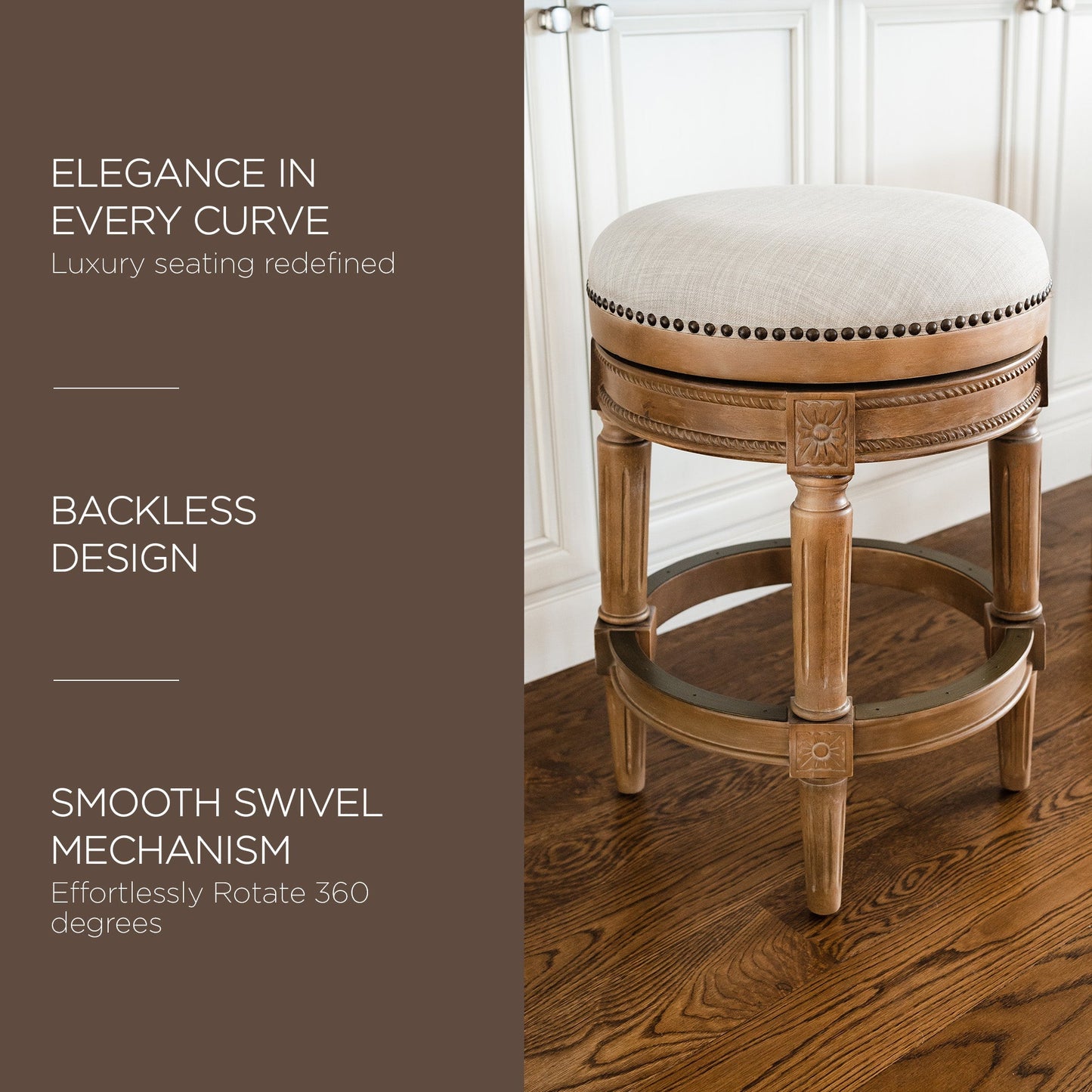 Maven Lane Pullman Backless Counter Stool in Weathered Oak Finish w/ Sand Color Fabric Upholstery
