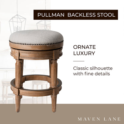 Maven Lane Pullman Backless Counter Stool in Weathered Oak Finish w/ Sand Color Fabric Upholstery, Set of 2