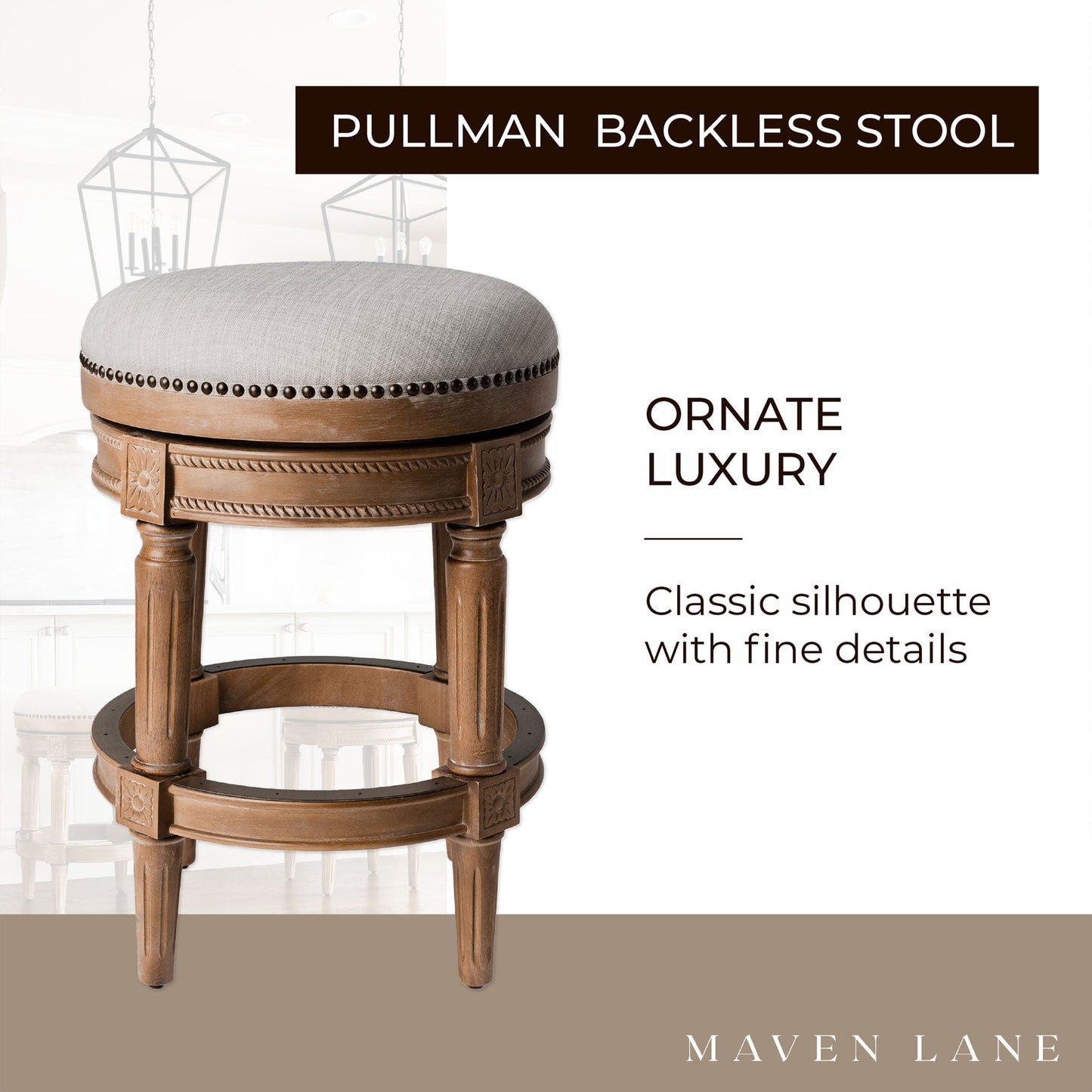 Maven Lane Pullman Backless Counter Stool in Weathered Oak Finish w/ Sand Color Fabric Upholstery, Set of 3