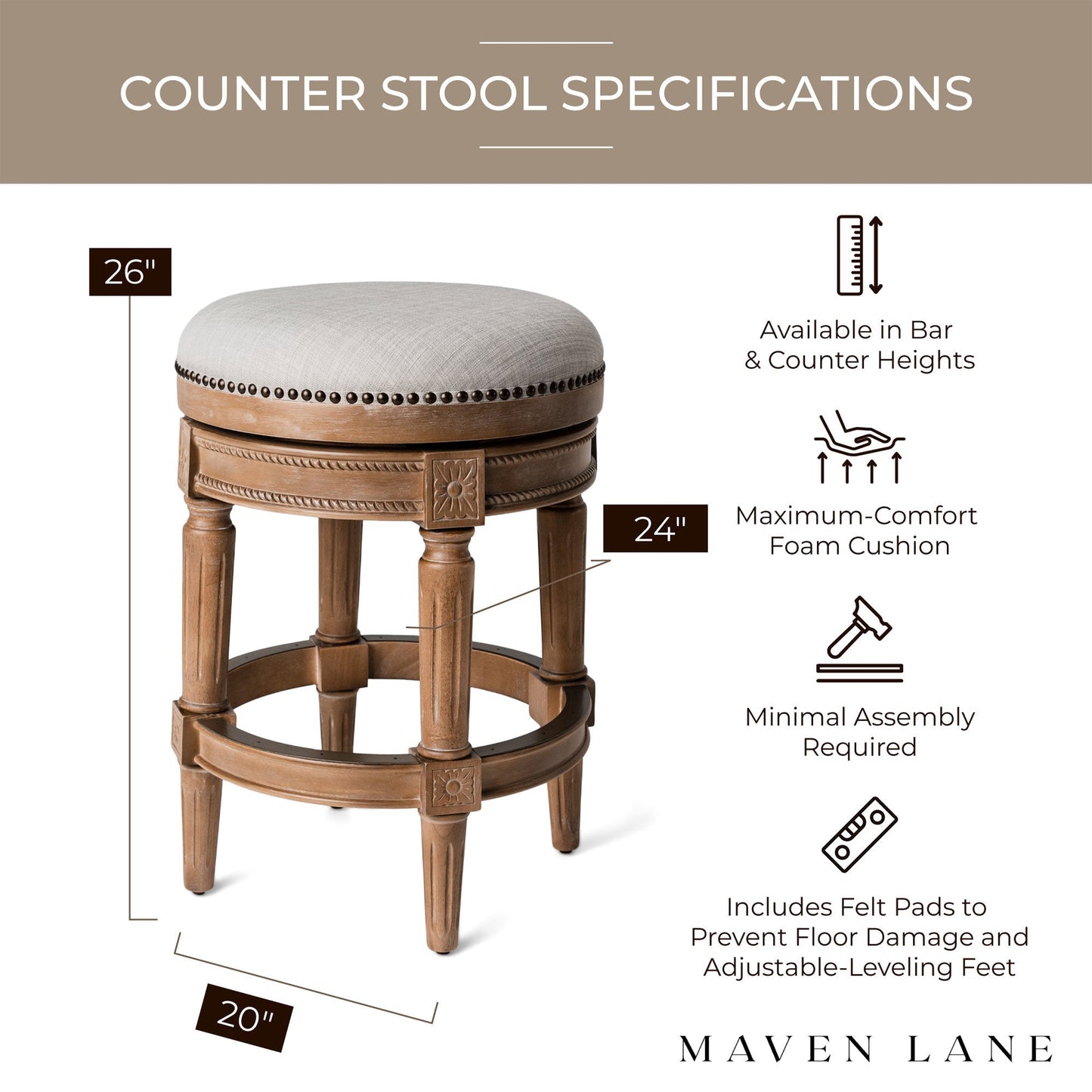 Maven Lane Pullman Backless Counter Stool in Weathered Oak Finish w/ Sand Color Fabric Upholstery, Set of 3