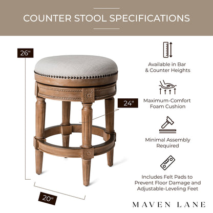 Maven Lane Pullman Backless Counter Stool in Weathered Oak Finish w/ Sand Color Fabric Upholstery, Set of 3