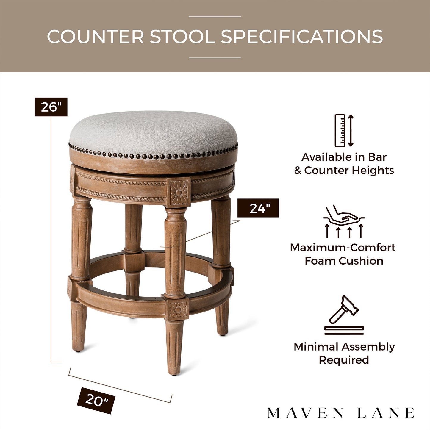 Maven Lane Pullman Backless Counter Stool in Weathered Oak Finish w/ Sand Color Fabric Upholstery, Set of 2