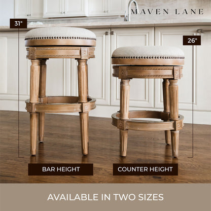 Maven Lane Pullman Backless Counter Stool in Weathered Oak Finish w/ Sand Color Fabric Upholstery, Set of 3