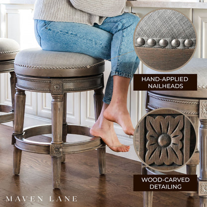Maven Lane Pullman Backless Counter Stool in Reclaimed Oak Finish with Ash Grey Fabric Upholstery, Set of 4
