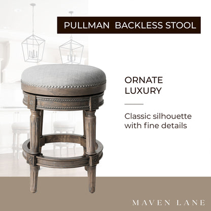 Maven Lane Pullman Backless Counter Stool in Reclaimed Oak Finish with Ash Grey Fabric Upholstery, Set of 3