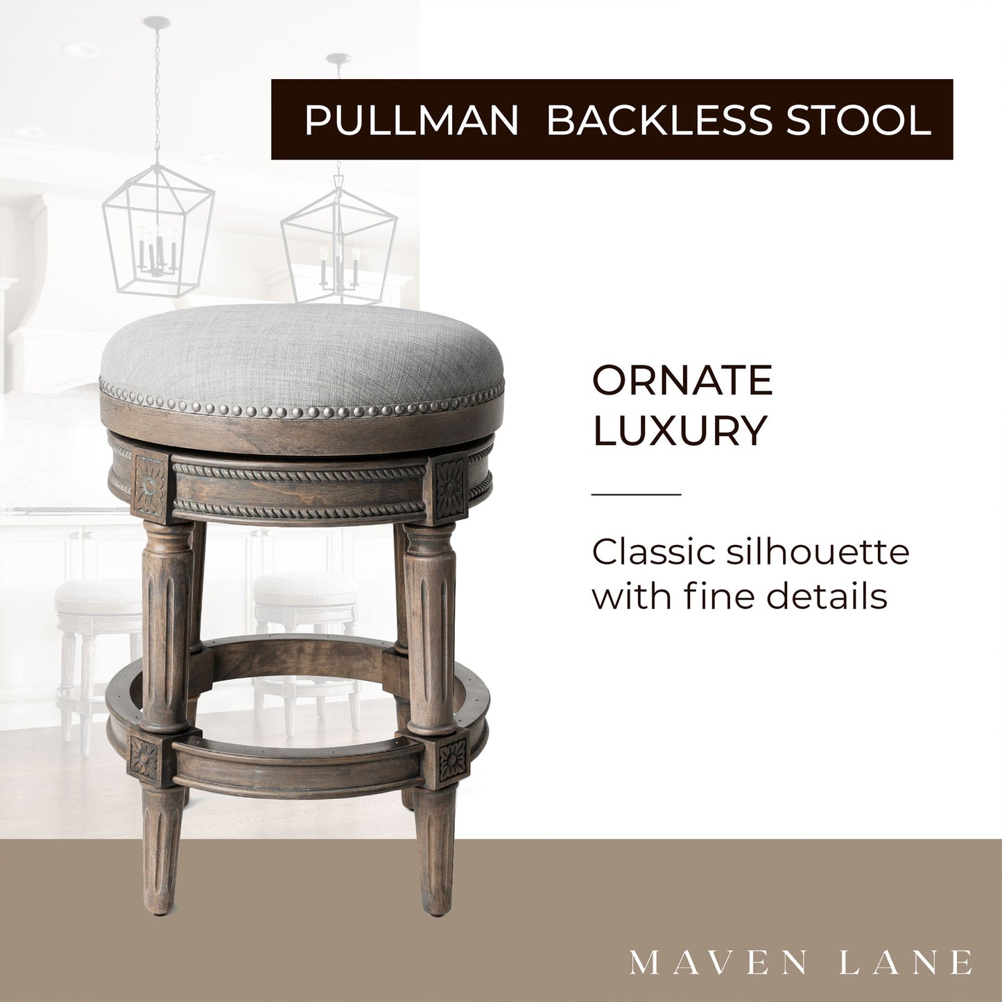 Maven Lane Pullman Backless Counter Stool in Reclaimed Oak Finish with Ash Grey Fabric Upholstery, Set of 4