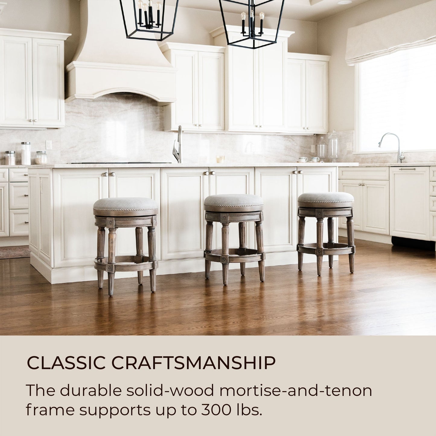 Maven Lane Pullman Backless Counter Stool in Reclaimed Oak Finish with Ash Grey Fabric Upholstery, Set of 3