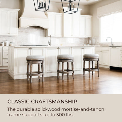 Maven Lane Pullman Backless Counter Stool in Reclaimed Oak Finish with Ash Grey Fabric Upholstery, Set of 3