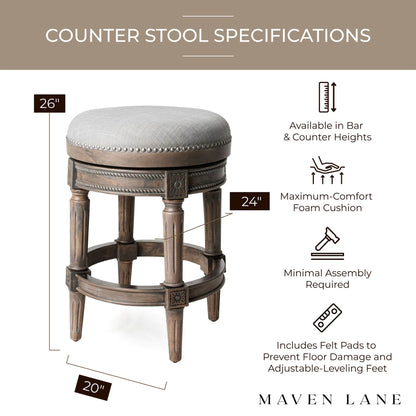 Maven Lane Pullman Backless Counter Stool in Reclaimed Oak Finish with Ash Grey Fabric Upholstery, Set of 4