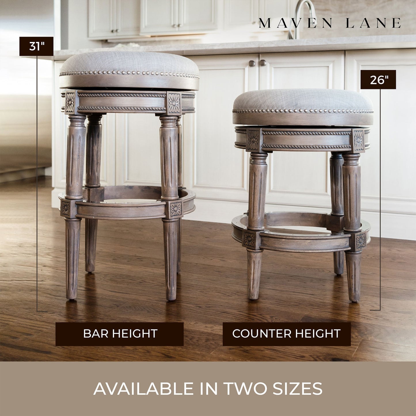 Maven Lane Pullman Backless Counter Stool in Reclaimed Oak Finish with Ash Grey Fabric Upholstery, Set of 4