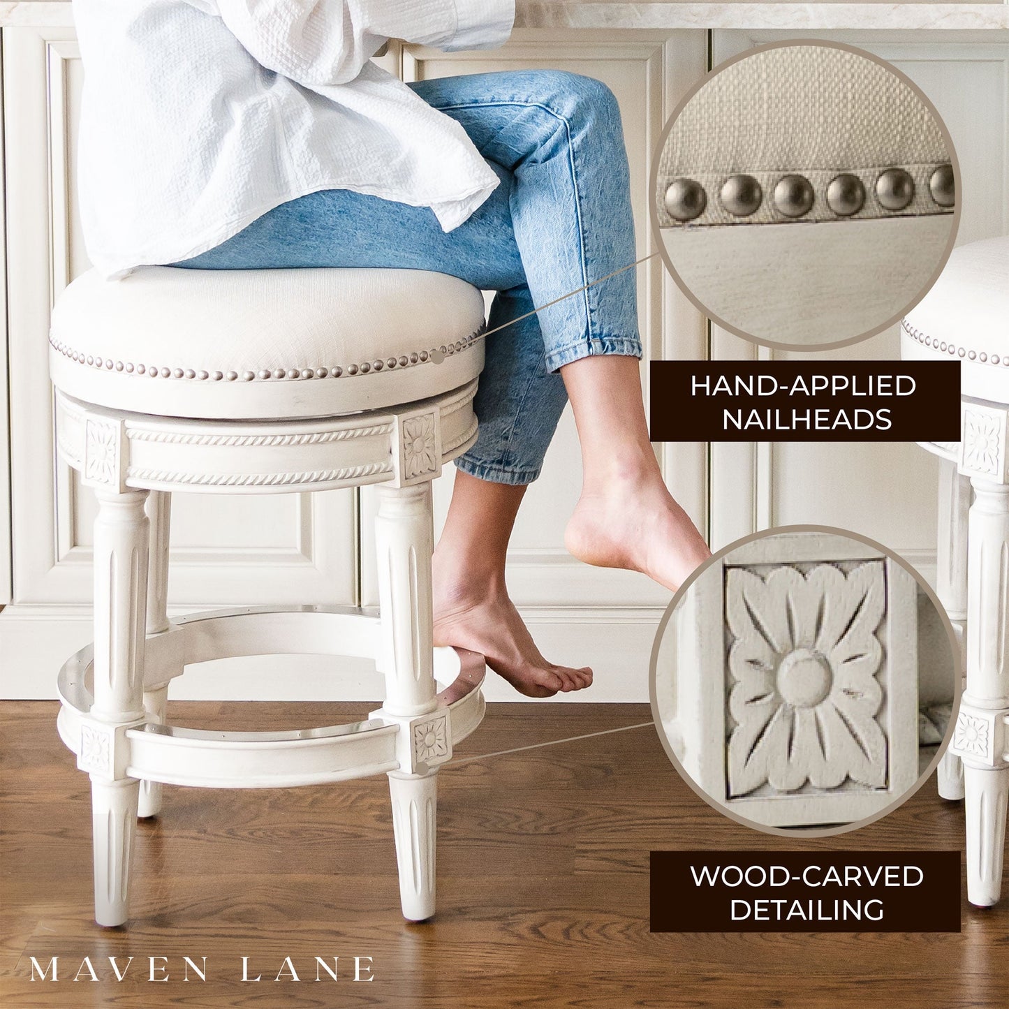 Maven Lane Pullman Backless Counter Stool in White Oak Finish w/ Natural Color Fabric Upholstery, Set of 3