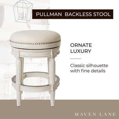 Maven Lane Pullman Backless Counter Stool in White Oak Finish w/ Natural Color Fabric Upholstery, Set of 3