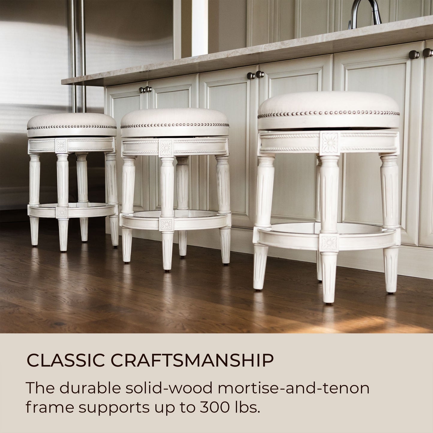 Maven Lane Pullman Backless Counter Stool in White Oak Finish w/ Natural Color Fabric Upholstery, Set of 2