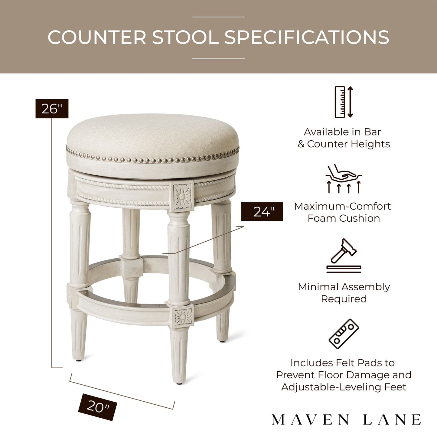 Maven Lane Pullman Backless Counter Stool, White Oak/Natural Upholstery, Set of 4