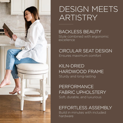 Maven Lane Pullman Backless Counter Stool in White Oak Finish w/ Natural Color Fabric Upholstery