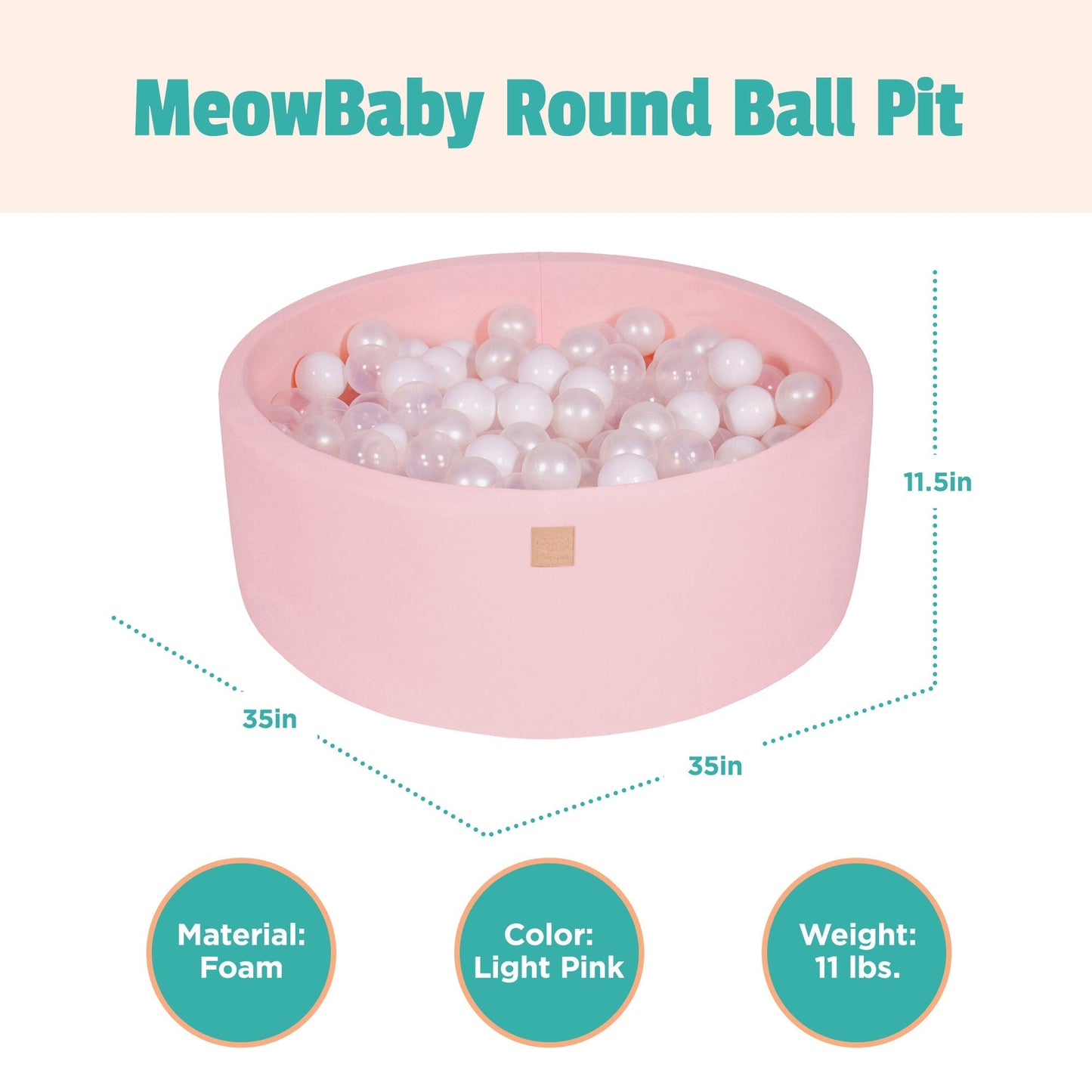MeowBaby Round 35 x 11.5 Inch Baby Foam Ball Pit w/ 200 Balls, Light Pink/Pearl