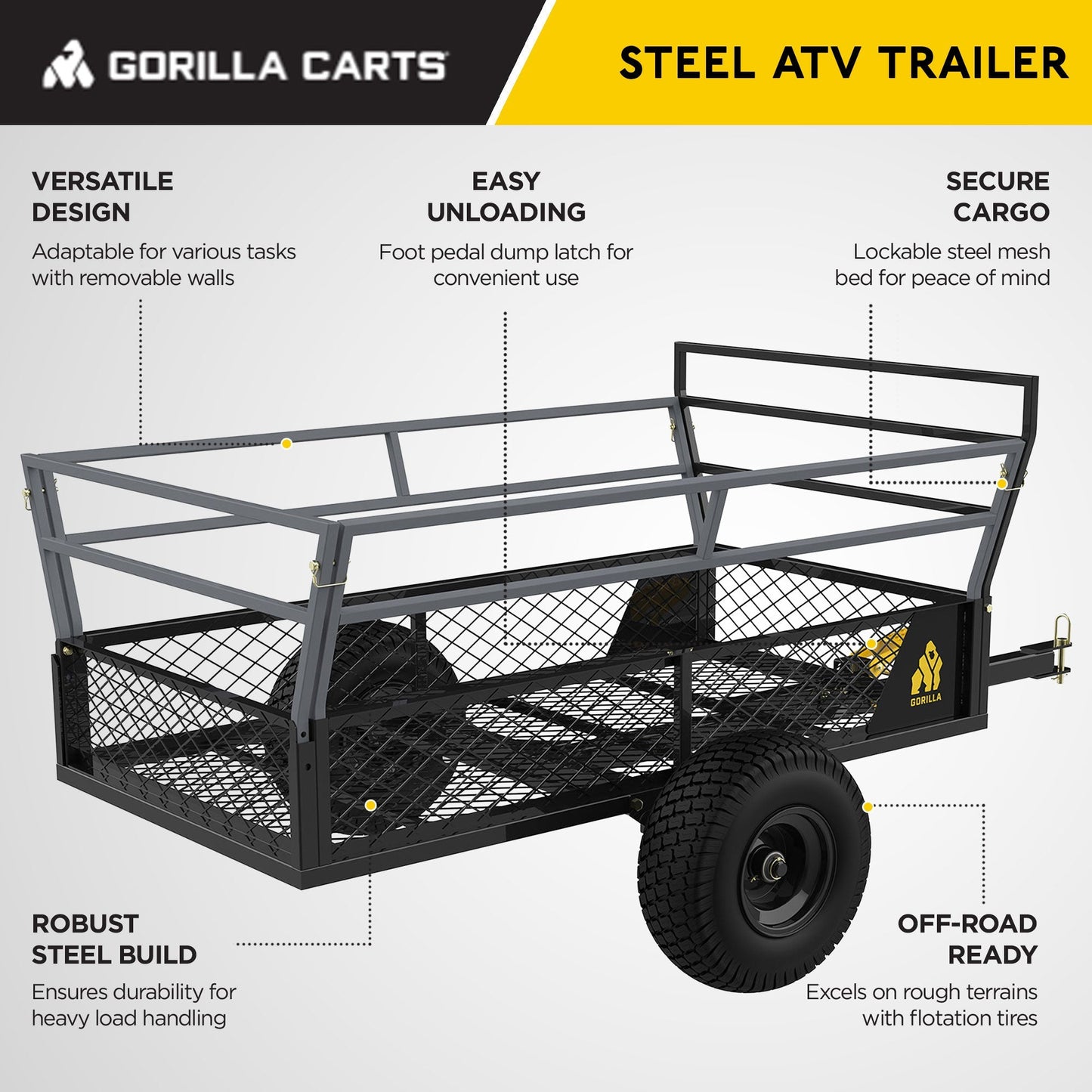 Gorilla 1400lb Steel ATV Trailer Garden Cart w/Removable Sides & 3-in-1 Tailgate - Find Fresh Goods