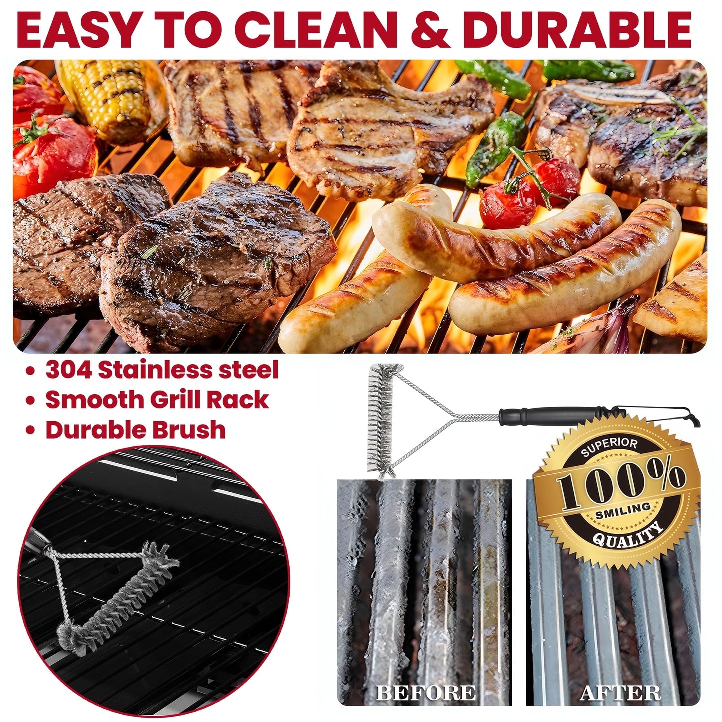 Enyopro 3 Burner Propane Gas Grill, 30,000BTU Stainless Steel Barbecue Grill with Foldable Side Table, Built-in Thermometer, Hanging Basket for Outdoor BBQ Camping Grill