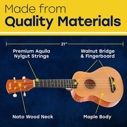 Hola! Music Color Series Soprano Ukulele Set with Tote Bag, Strap, & Picks, Blue