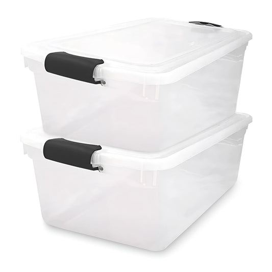 Homz 64Qt Stackable Plastic Storage Bin Container Box w/Latch Lid, Clear(2 Pack)