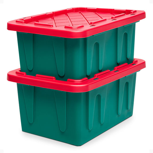HOMZ Durabilt 15 Gallon Heavy Duty Holiday Storage Tote, Green/Red (2 Pack)