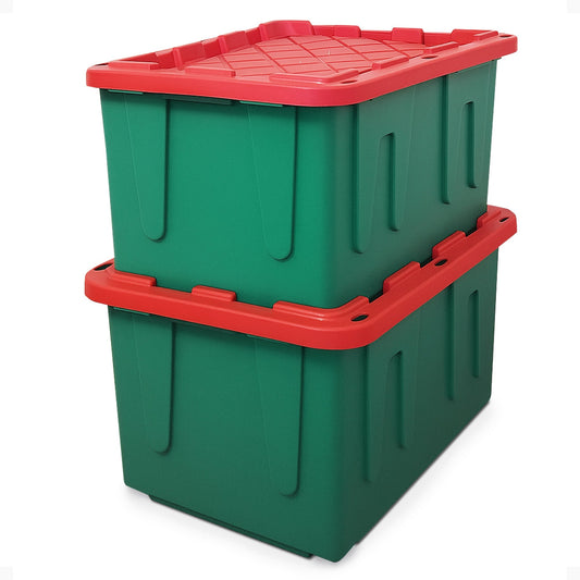 HOMZ Durabilt 27 Gallon Heavy Duty Holiday Storage Tote, Green/Red (2 Pack)