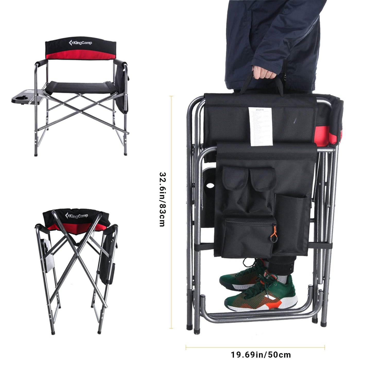 KingCamp Padded Outdoor Folding Chair with Table & Pockets, Black/Red (2 Pack)
