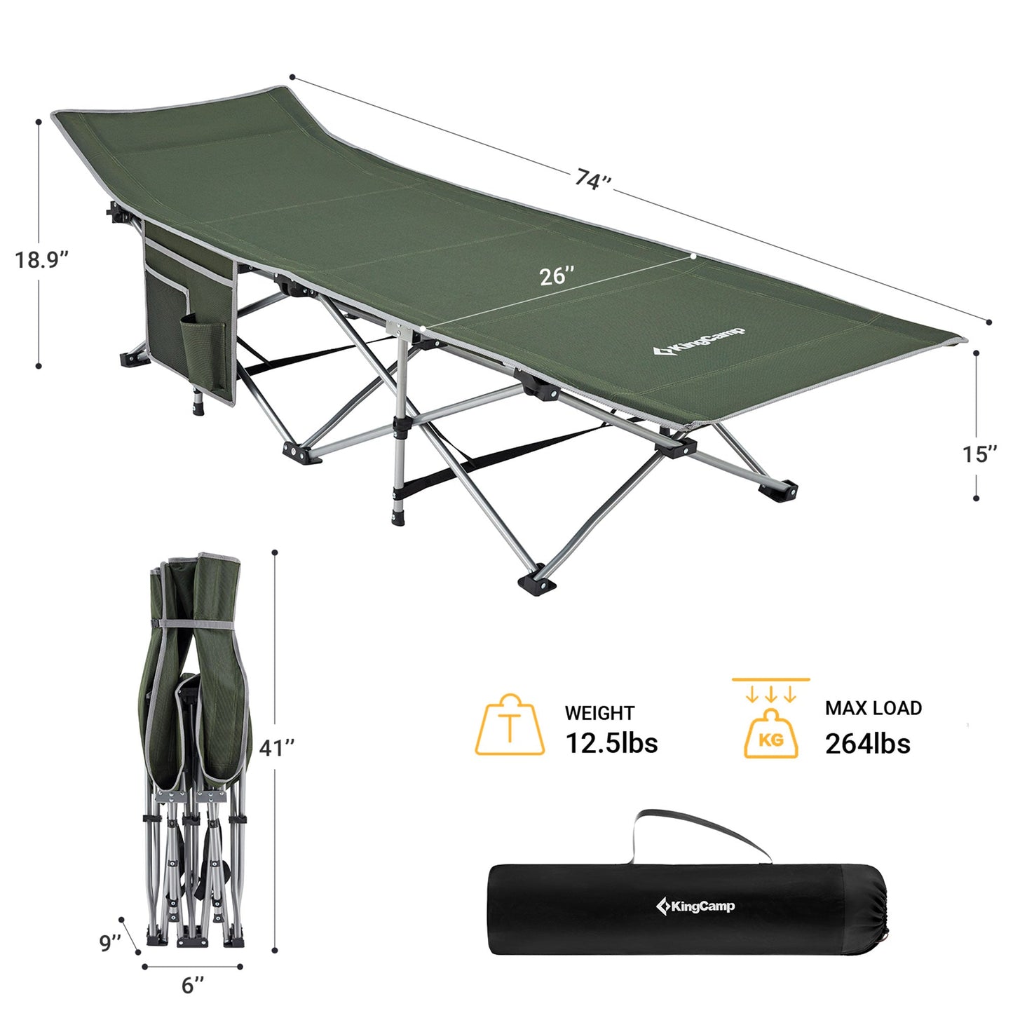 KingCamp Folding Portable Outdoor Camping Cot w/ Multi Layer Side Pocket, Green