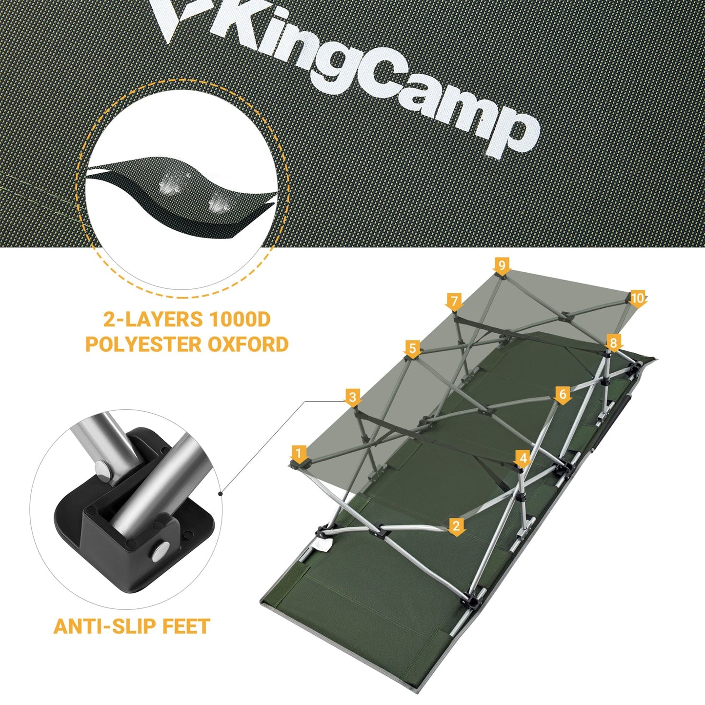 KingCamp Folding Portable Outdoor Camping Cot w/ Multi Layer Side Pocket, Green