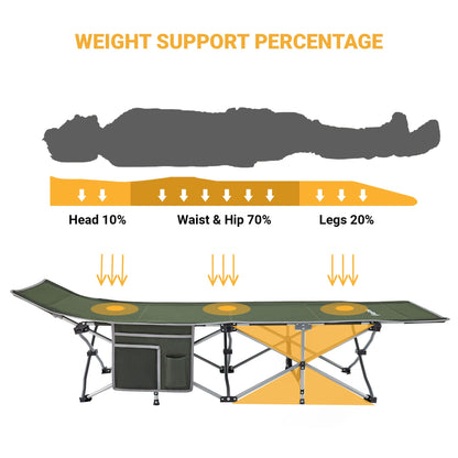 KingCamp Folding Portable Outdoor Camping Cot w/ Multi Layer Side Pocket, Green