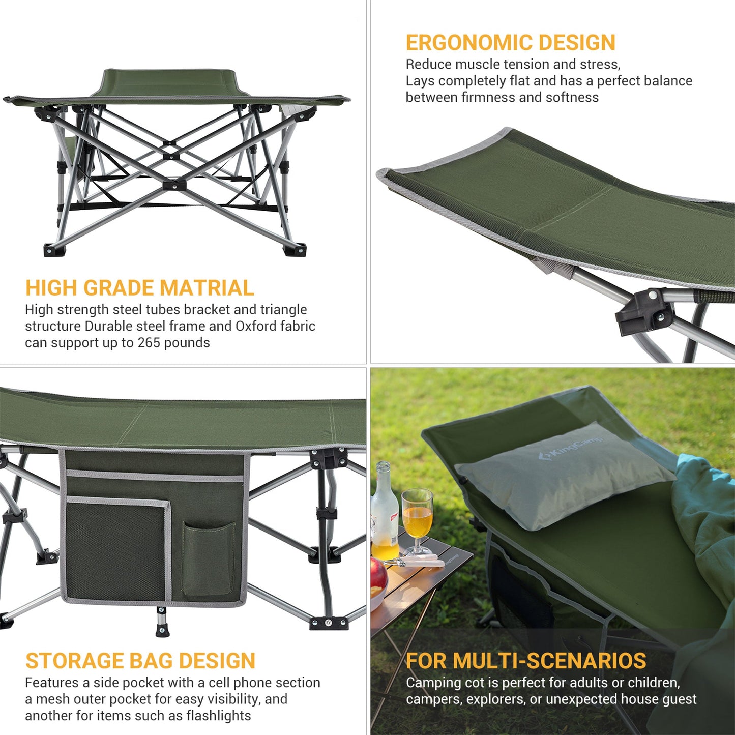 KingCamp Folding Portable Outdoor Camping Cot w/ Multi Layer Side Pocket, Green