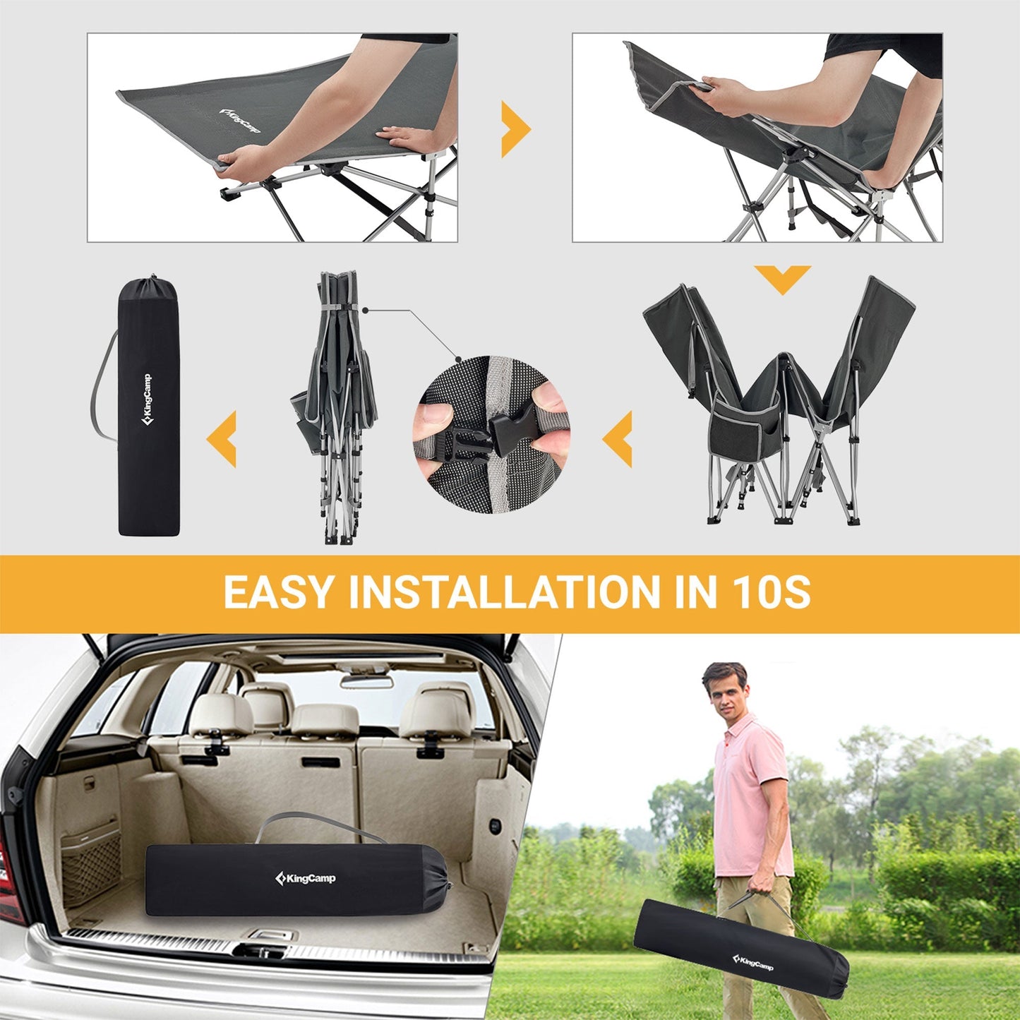 KingCamp Folding Portable Outdoor Camping Cot w/ Multi Layer Side Pocket, Grey