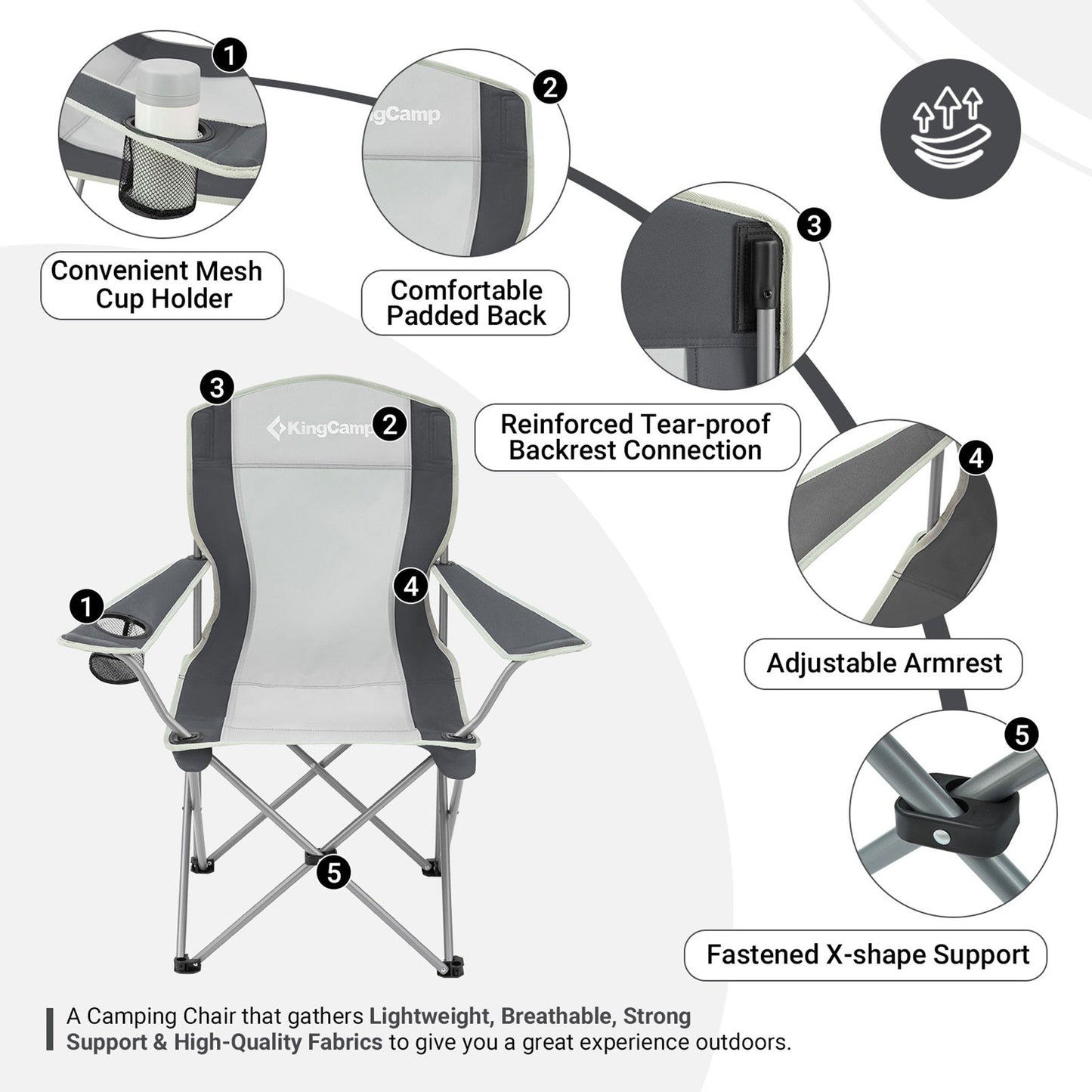KingCamp Lightweight Folding Outdoor Camping Chair with Cupholder, Black/Grey