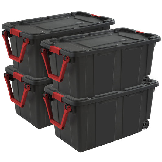 Sterilite Heavy Duty 40 Gallon Wheeled Industrial Storage Tote, 4-Pack, Black