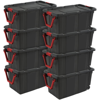 Sterilite Heavy Duty 40 Gallon Wheeled Industrial Storage Tote, Black (8 Pack)