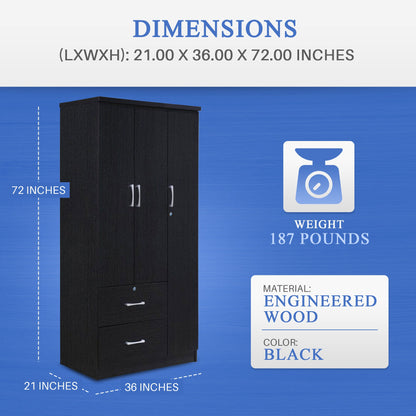 Hodedah Import 3 Door Armoire with Clothing Rod, Shelves, and 2 Drawers, Black