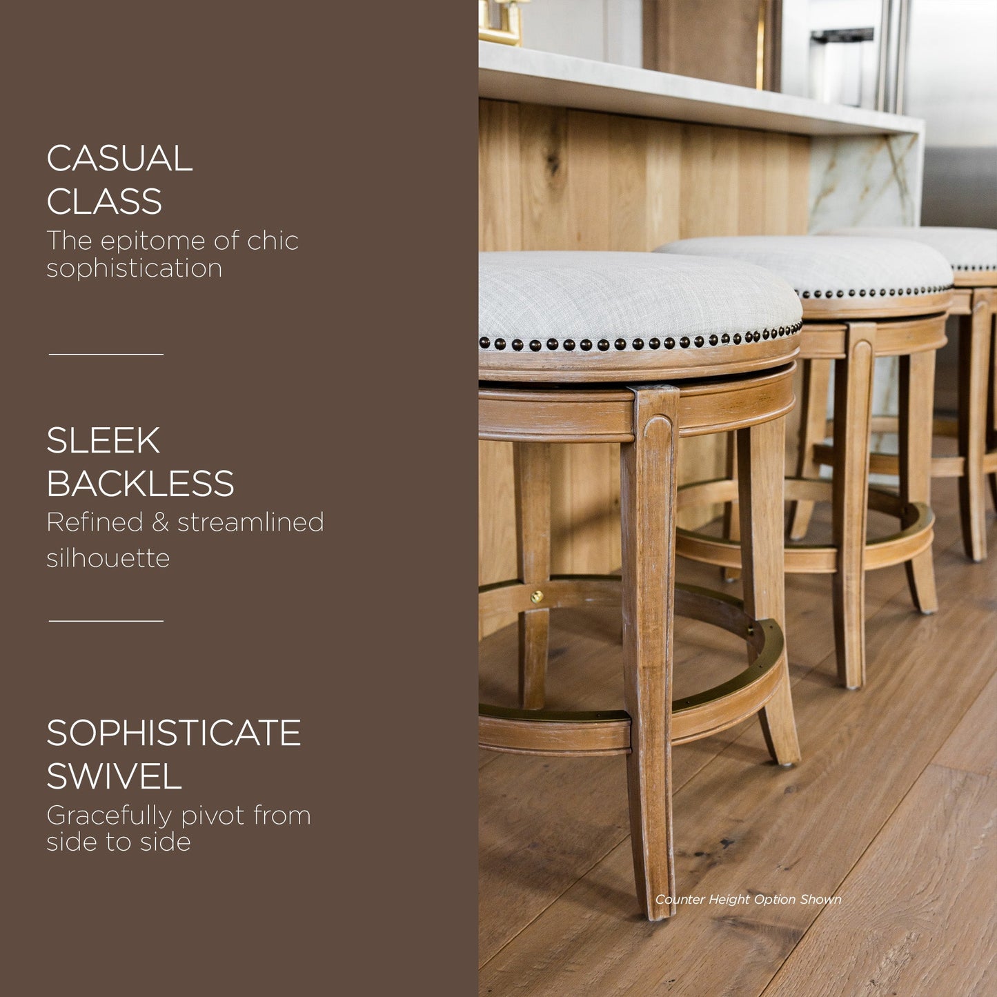 Maven Lane Alexander Backless Bar Stool in Weathered Oak Finish w/ Sand Color Fabric Upholstery