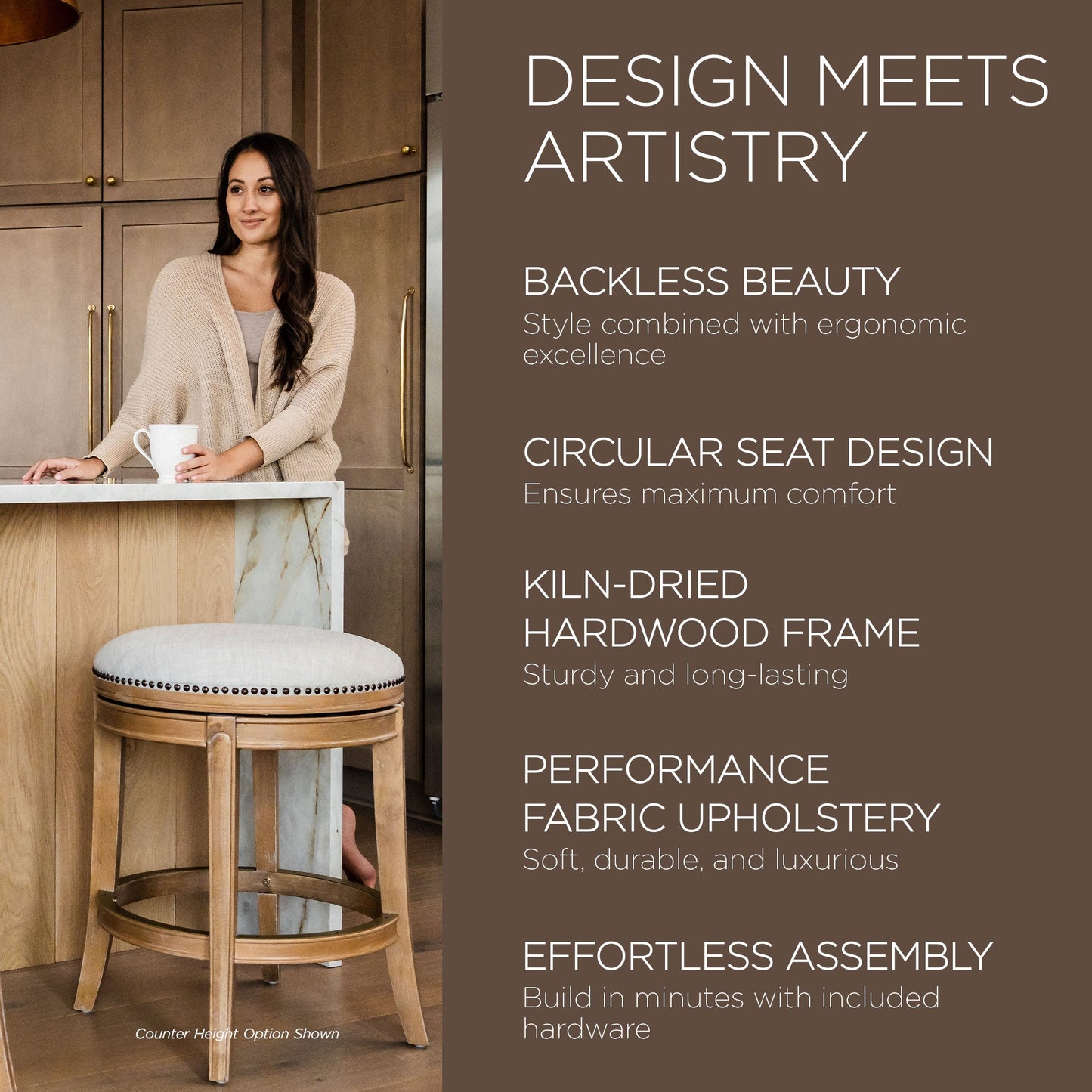 Maven Lane Alexander Backless Bar Stool in Weathered Oak Finish w/ Sand Color Fabric Upholstery