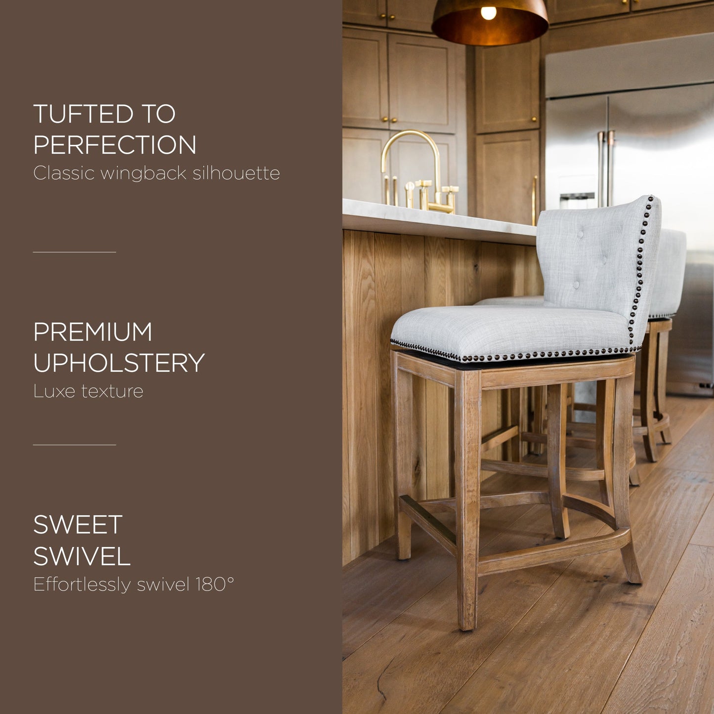 Maven Lane Hugo Counter Stool, Weathered Oak Finish Sand Color Fabric Upholstery