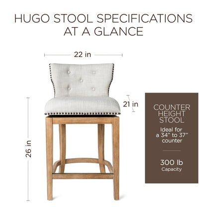Maven Lane Hugo Counter Stool, Weathered Oak Finish Sand Color Fabric Upholstery