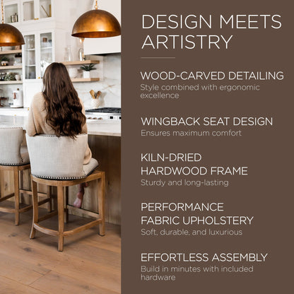 Maven Lane Hugo Counter Stool, Weathered Oak Finish Sand Color Fabric Upholstery