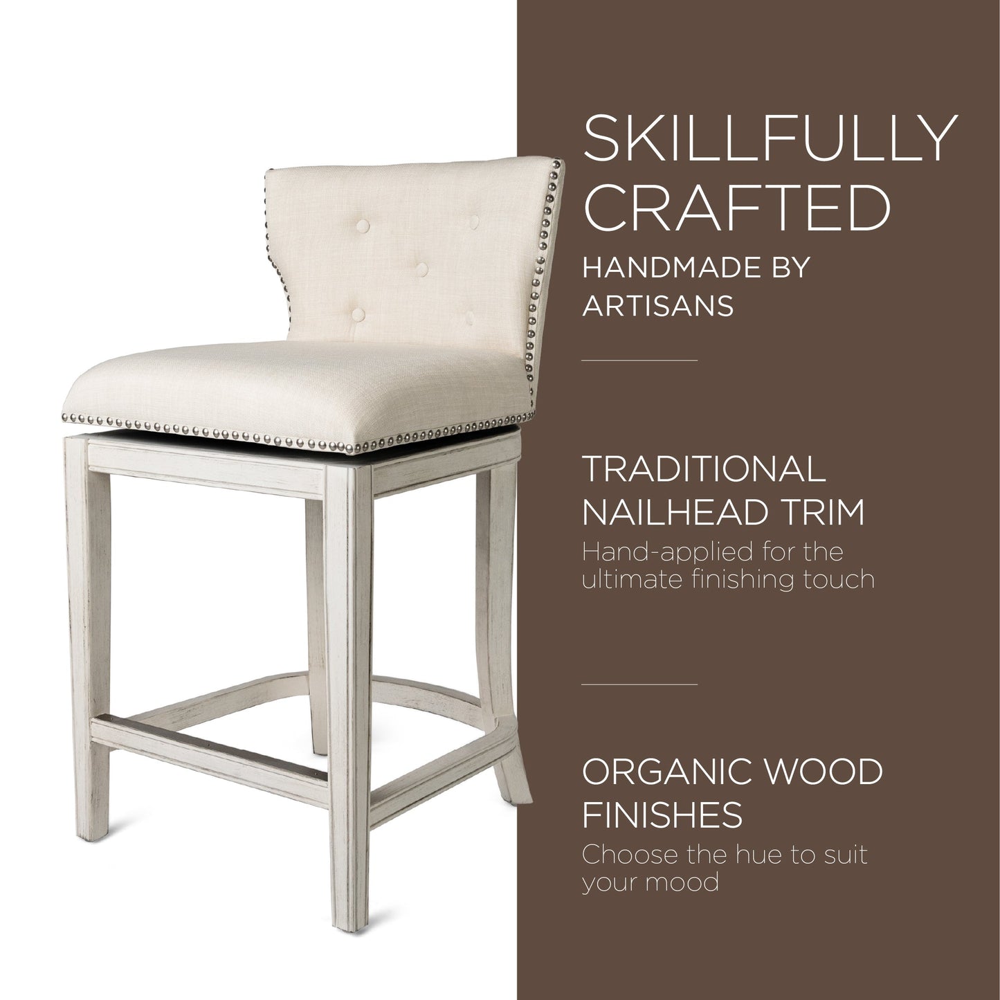 Maven Lane Hugo Counter Stool, White Oak Finish Natural Color Fabric Upholstery