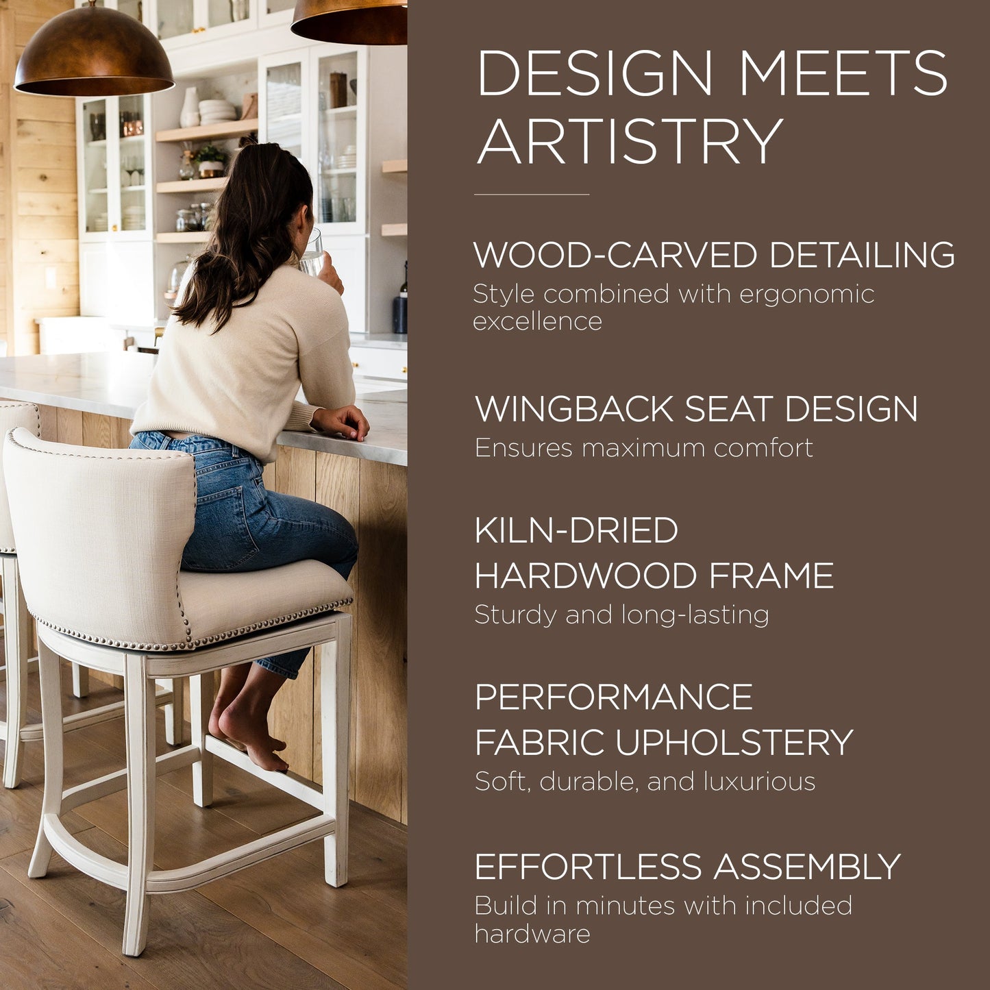 Maven Lane Hugo Counter Stool, White Oak Finish Natural Color Fabric Upholstery