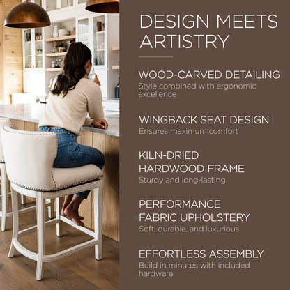 Maven Lane Hugo Counter Stool, White Oak Finish Natural Color Fabric Upholstery