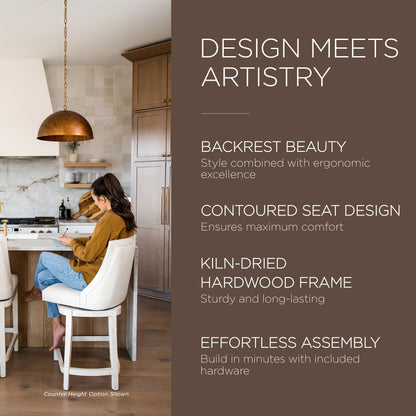 Maven Lane Vienna Bar Stool, White Oak Finish w/ Natural Color Fabric Upholstery