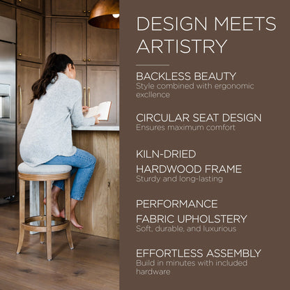 Maven Lane Eva Counter Stool in Weathered Oak Finish w/ Sand Color Fabric Upholstery