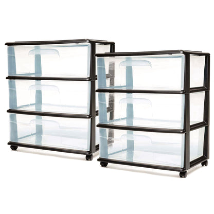 Homz Tall Solid Plastic 3 Drawer Medium Storage Cart with Wheels, Black (2 Pack)